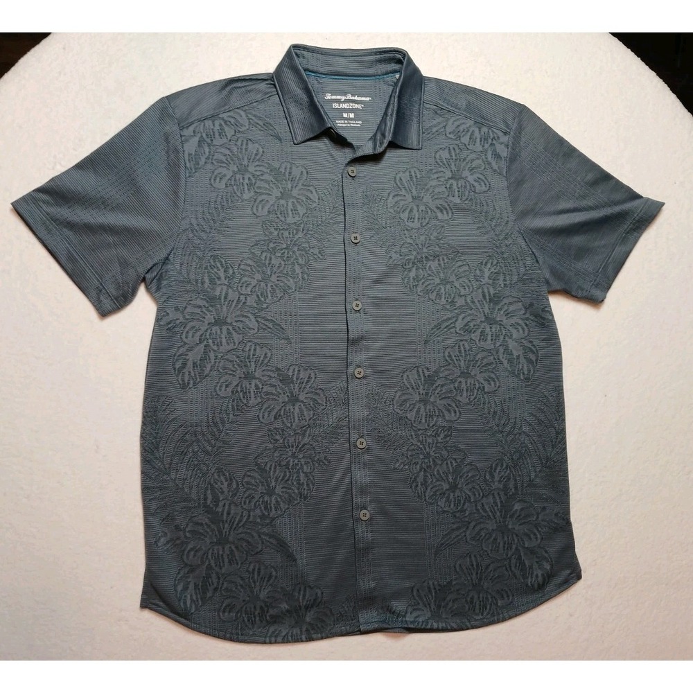Tommy Bahama Shirt Men's Medium Blue Floral Short Sleeve Button Up Island Zone